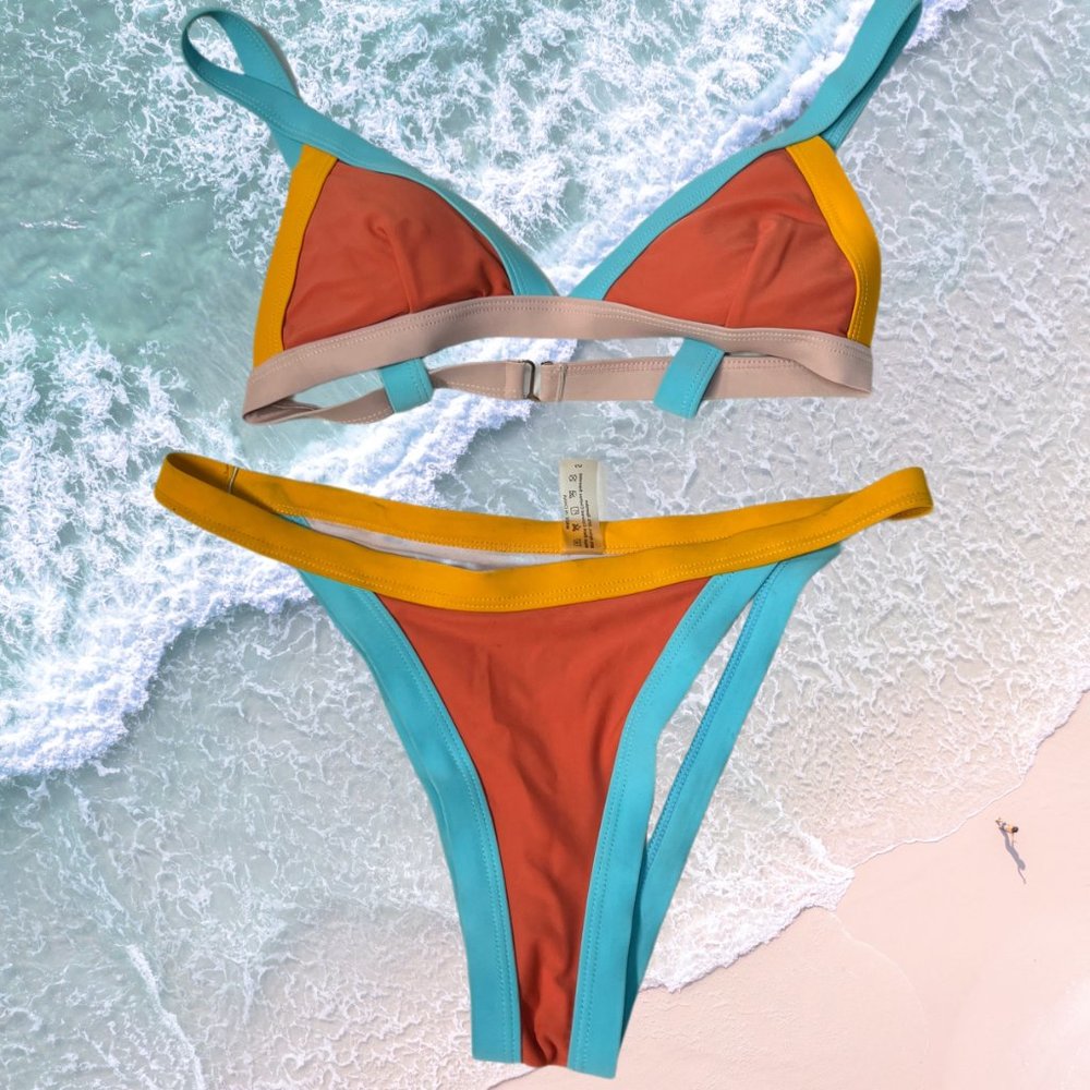 Colorblock Orange & Turquoise Triangle Bikini - Women Swim